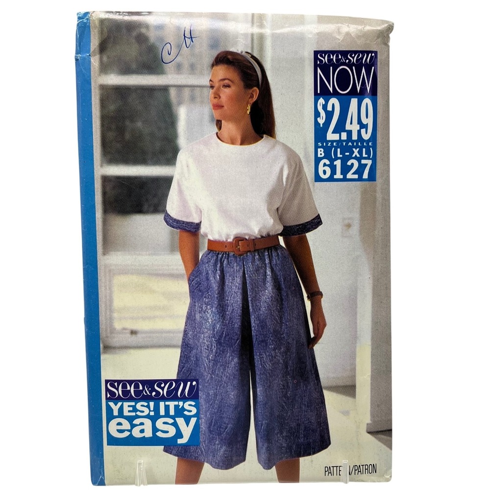 See & Sew Butterick 6127 Top Culottes Sewing Pattern Size L XL 16-22 VTG 1992